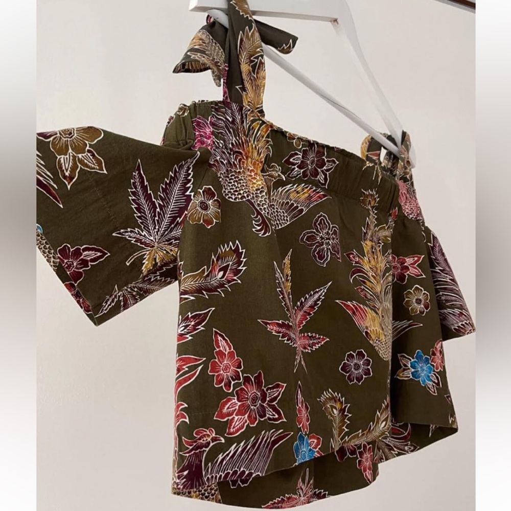 Sandro Green Smocked Crop Blouse